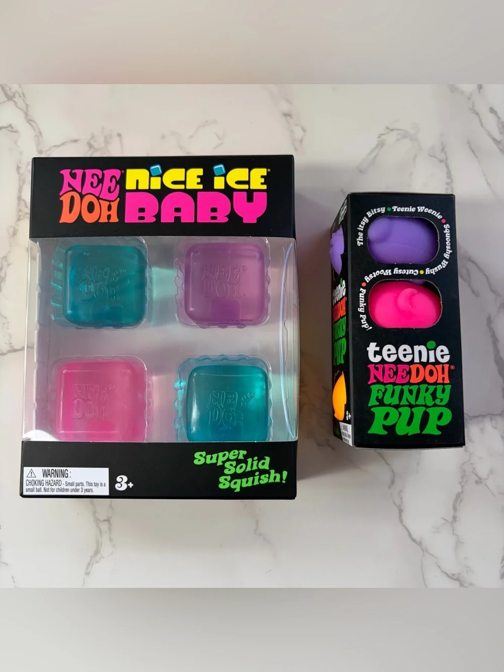 Lot of 2: NeeDoh Nice Ice Baby Mini Cube & Teenie Funky Pup 3 Pack